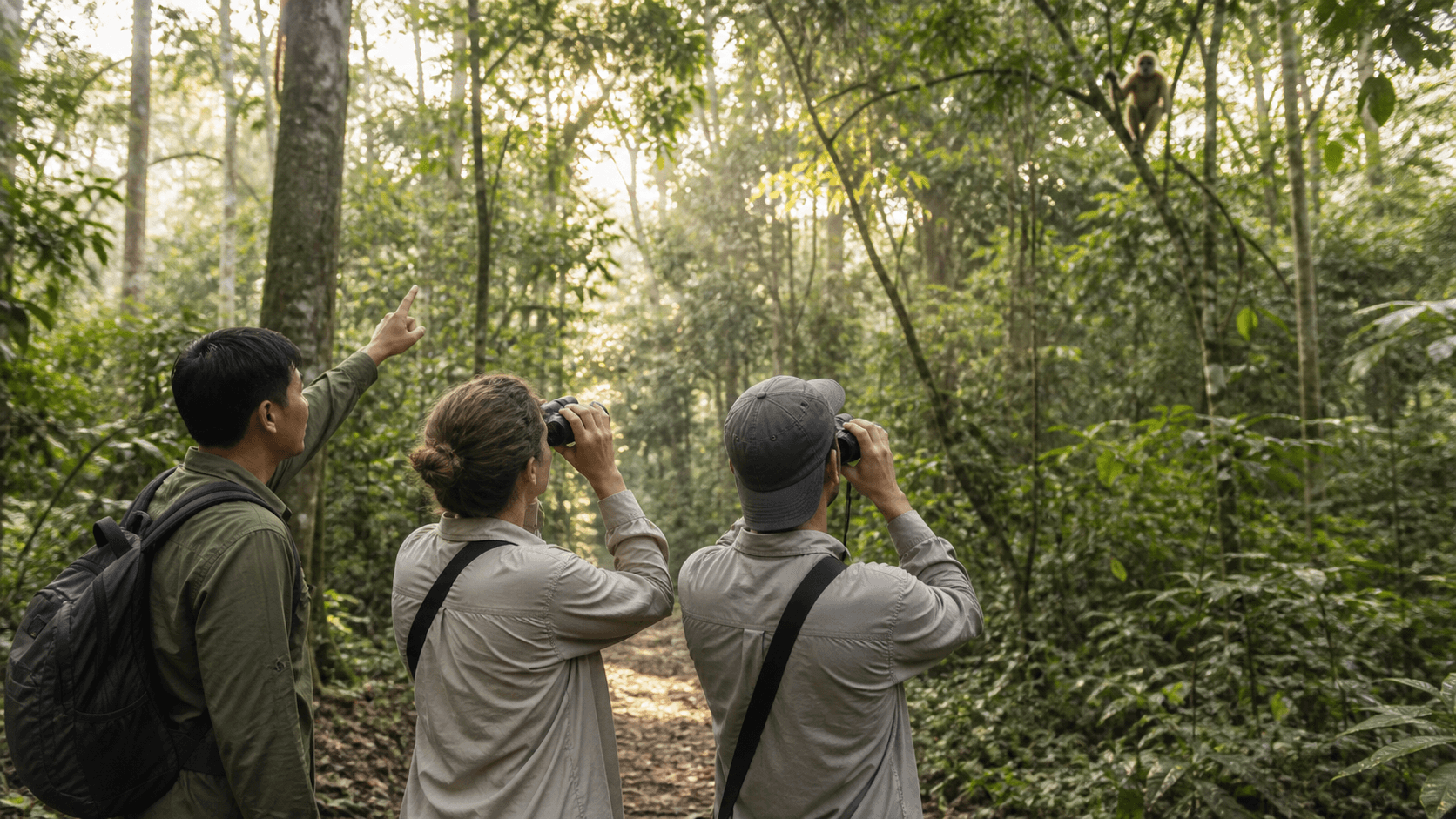 Vietnamese nature guide and international travelers observing a distant gibbon in tropical forest