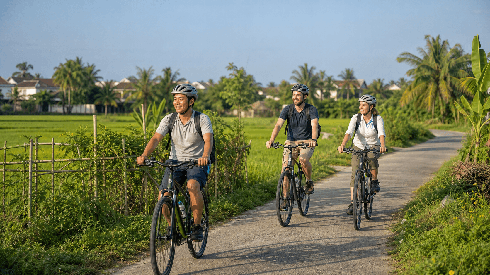 International travelers following a Vietnamese cycling guide through rice fields near Hoi An