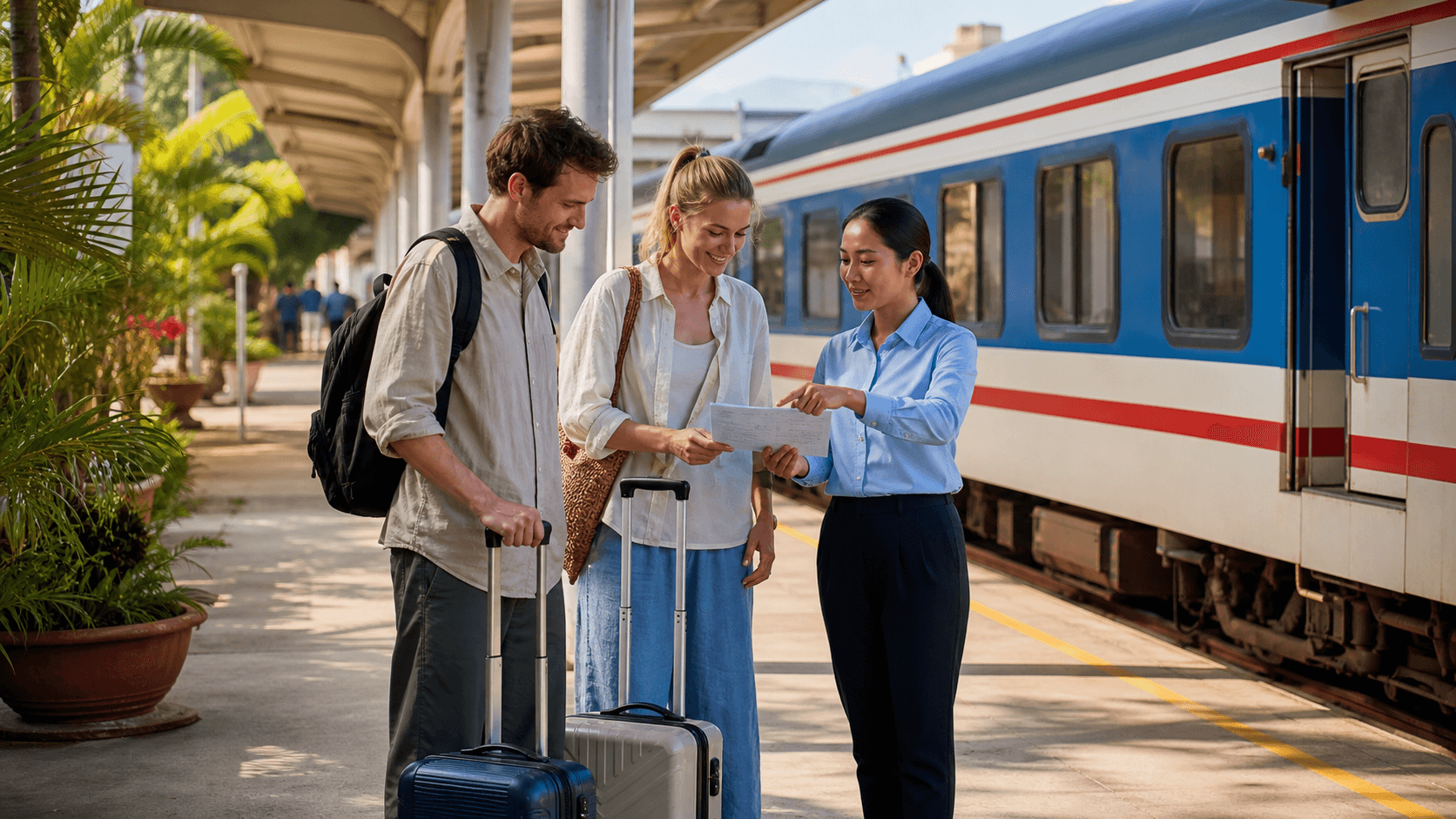 International travelers reviewing an itinerary with a Vietnamese guide beside a passenger train