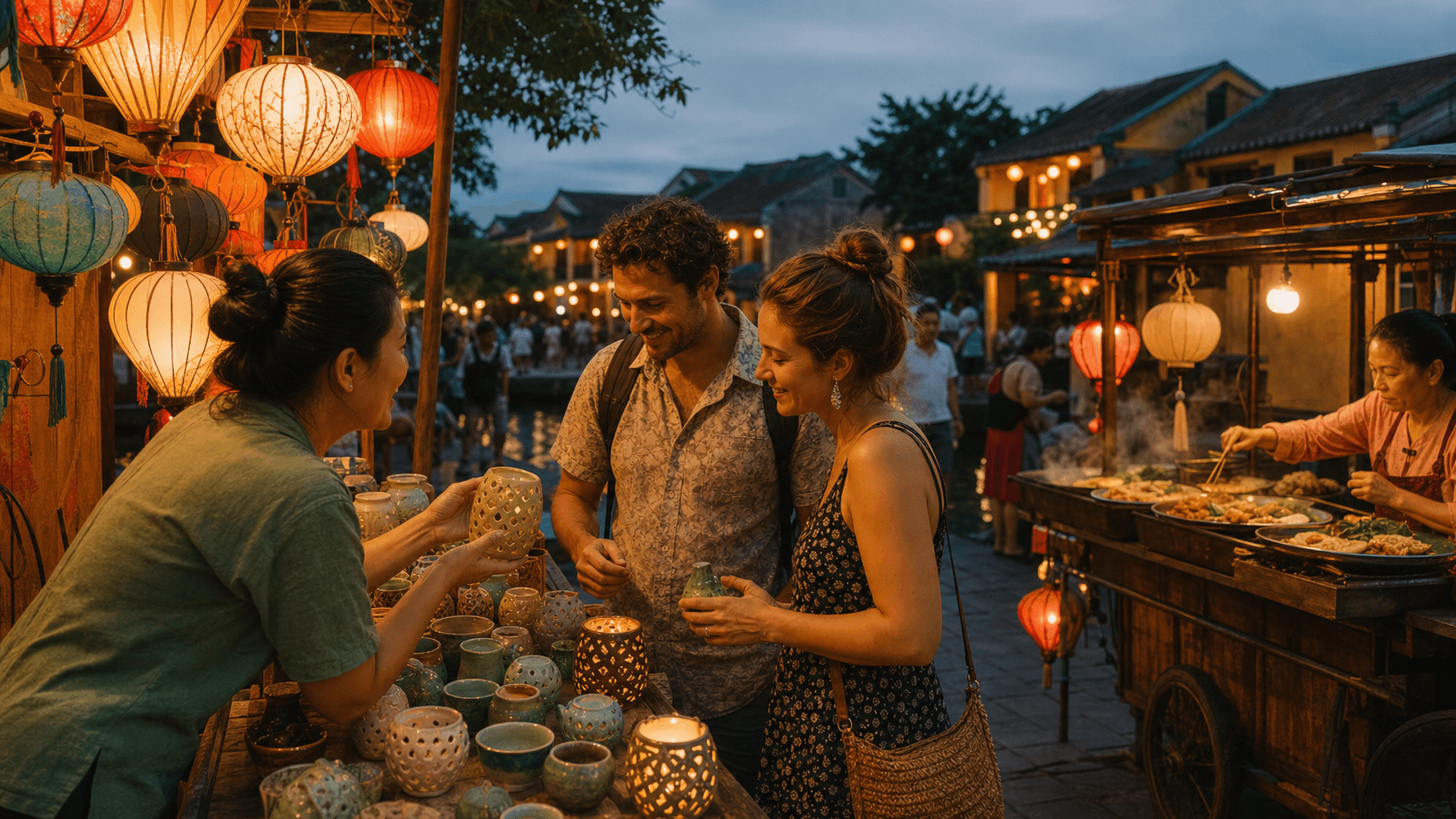 International travelers browsing handmade lanterns and ceramics at a Hoi An night market