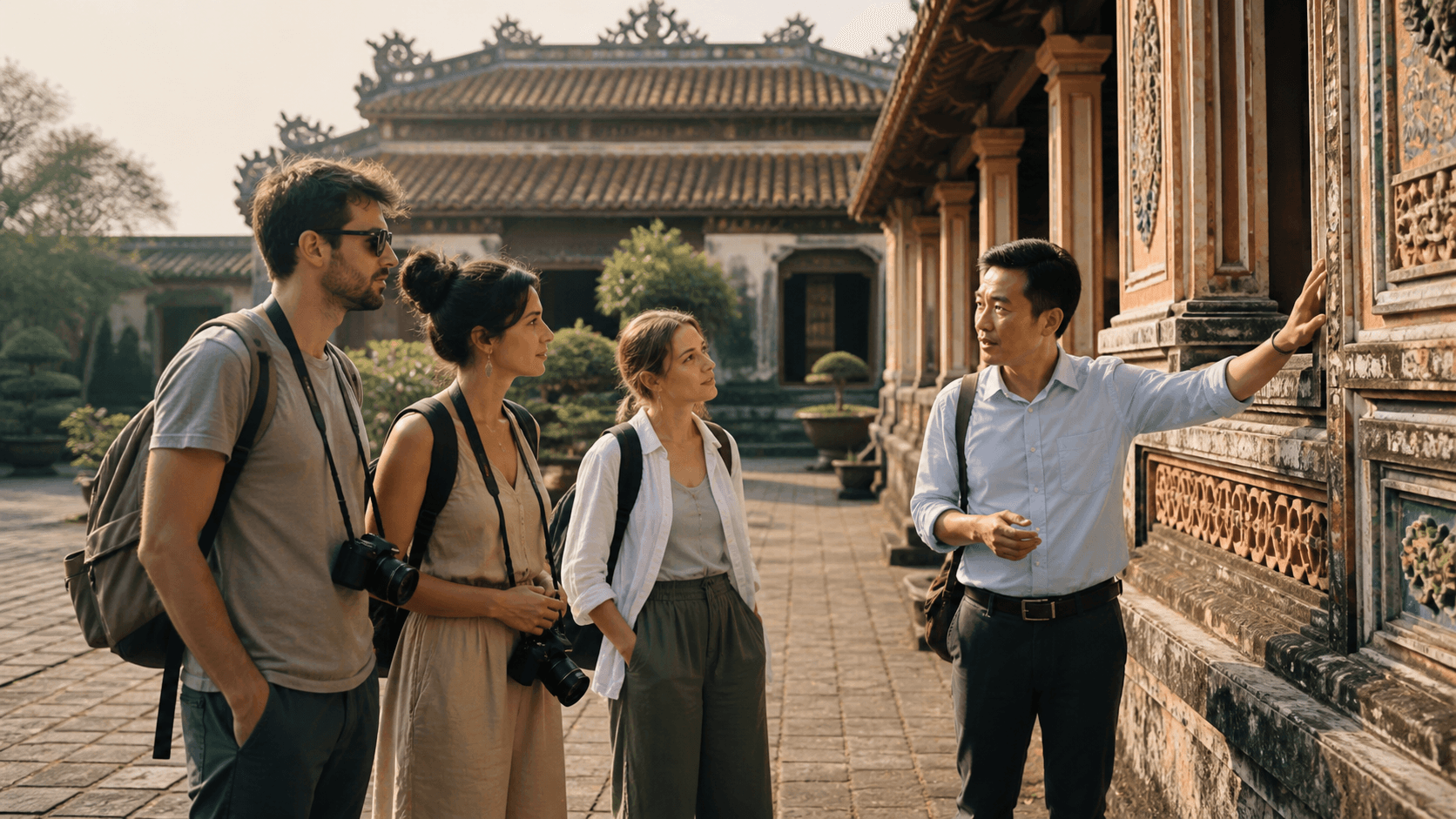 Vietnamese local guide explaining heritage architecture to international travelers in Hue
