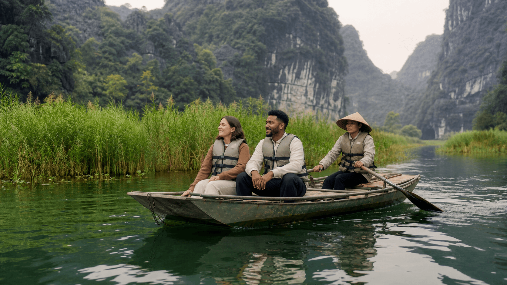 International travelers wearing life jackets on a guided sampan ride through Ninh Binh karsts