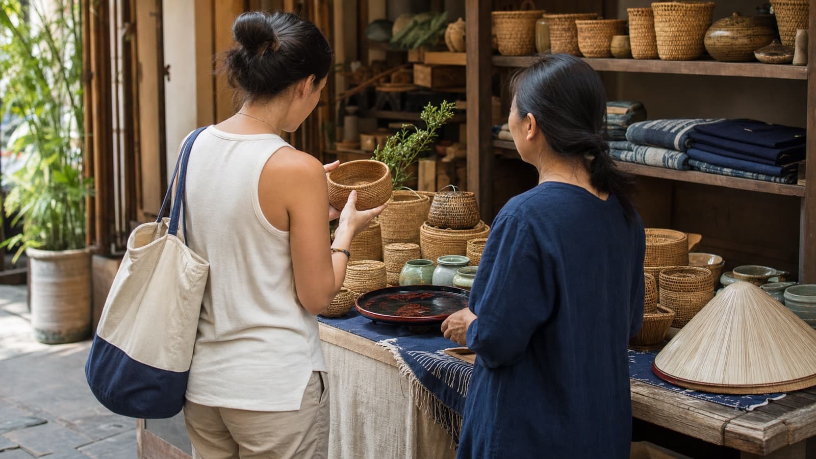 Traveler examining a woven basket at a Vietnamese artisan market