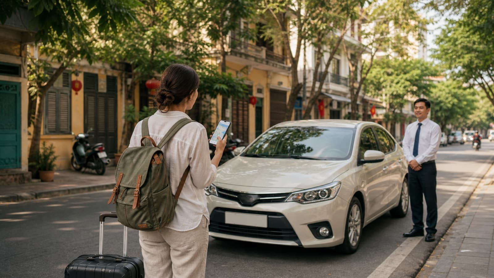Tourist checking a pre-booked car before a Vietnam taxi ride