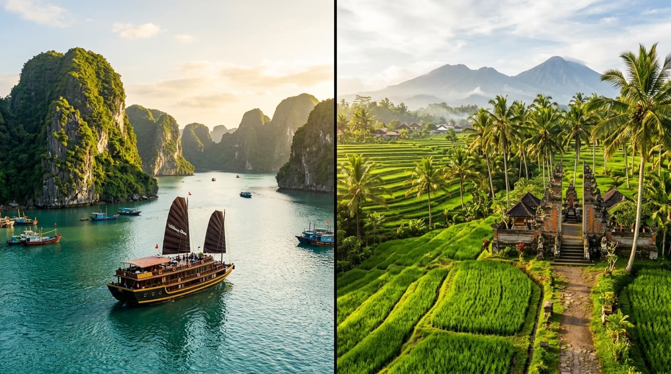 Comparison between Halong Bay emerald karsts in Vietnam and scenic terraced rice fields in Bali