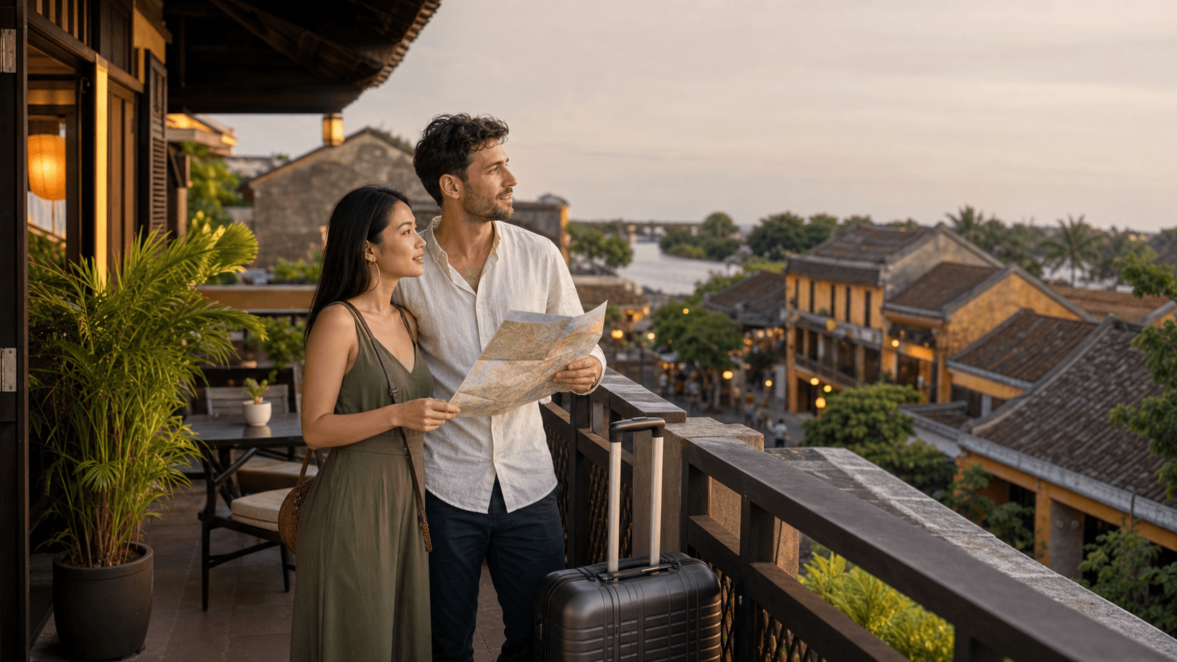 International travelers comparing a map from a boutique hotel terrace overlooking Hoi An