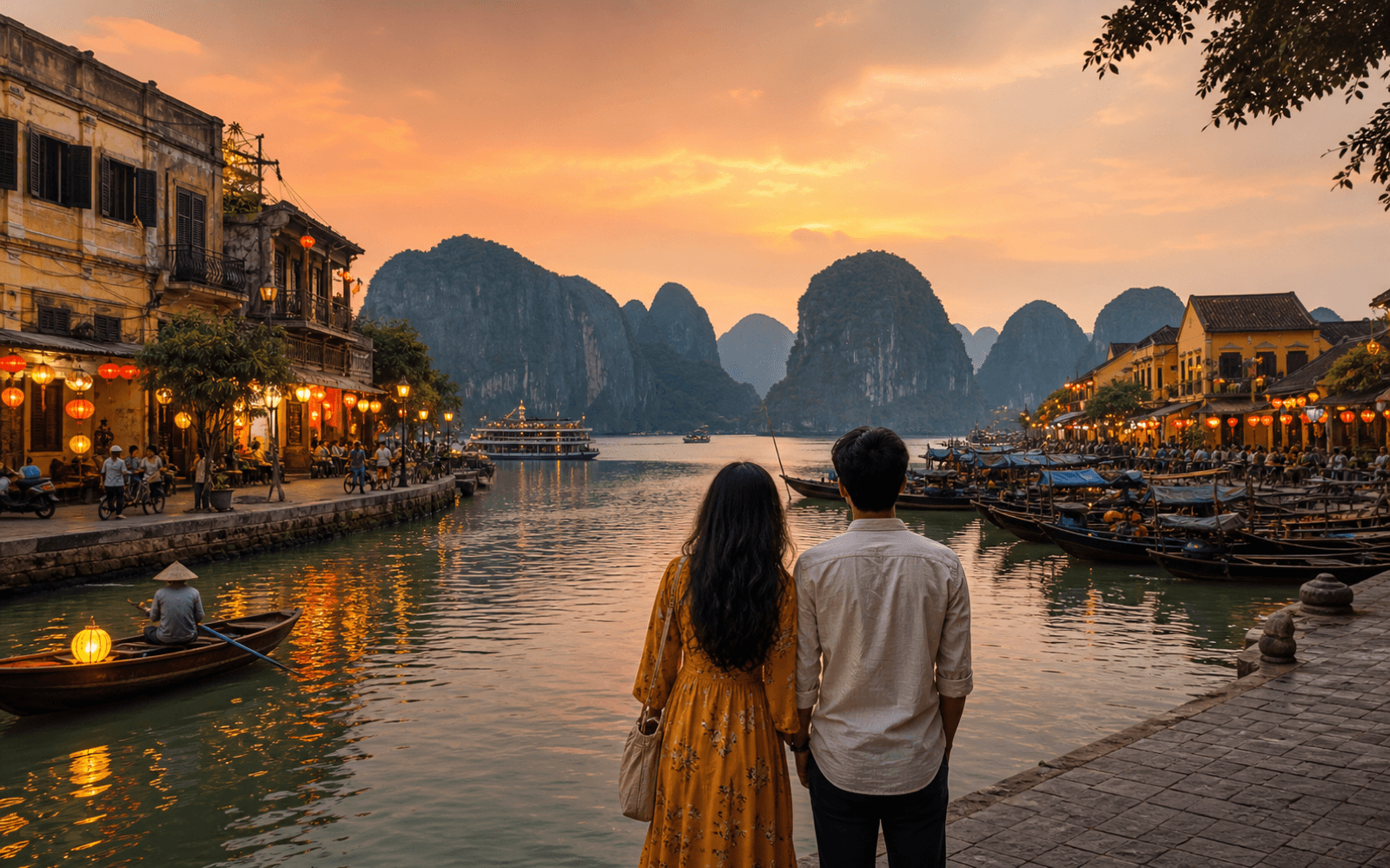 Indian couple overlooking Ha Long Bay and lantern-lit Hoi An