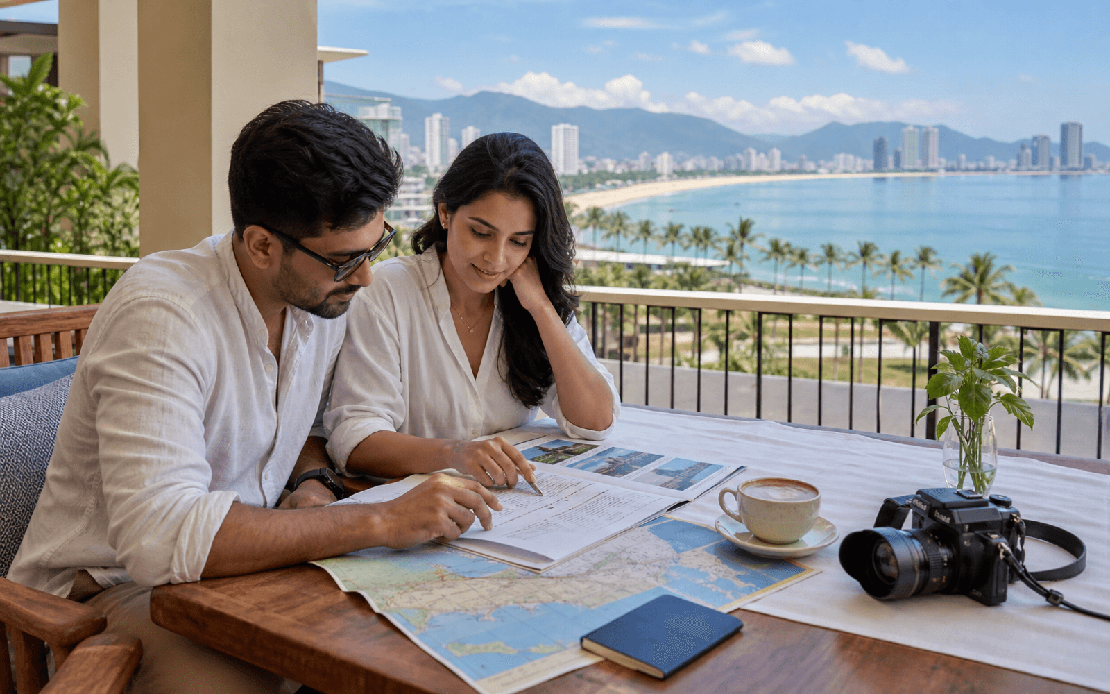 Indian couple reviewing their Vietnam tour package itinerary