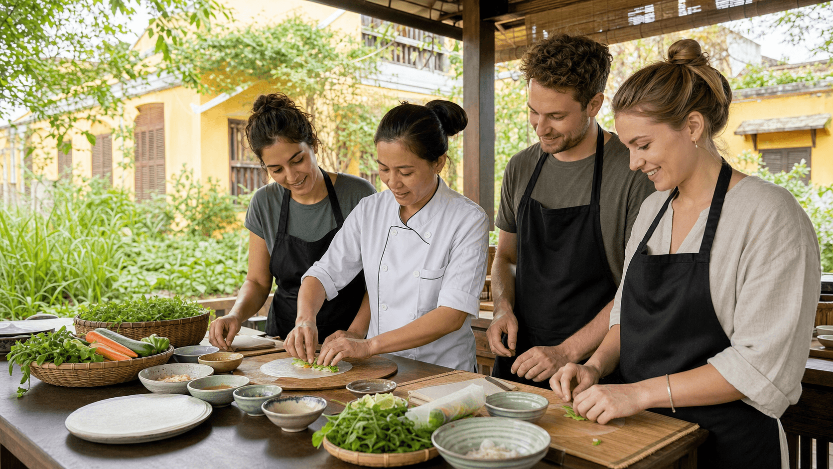 Vietnamese chef teaching international travelers to prepare rice-paper rolls in Hoi An