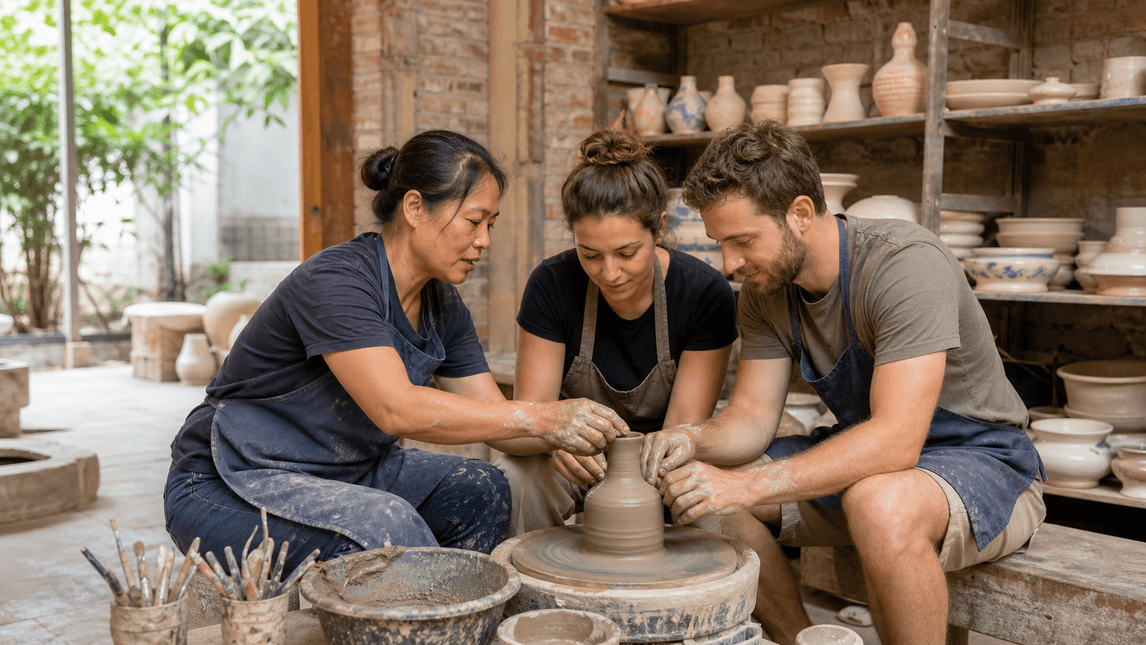 Vietnamese pottery artisan guiding international travelers at a traditional ceramic workshop