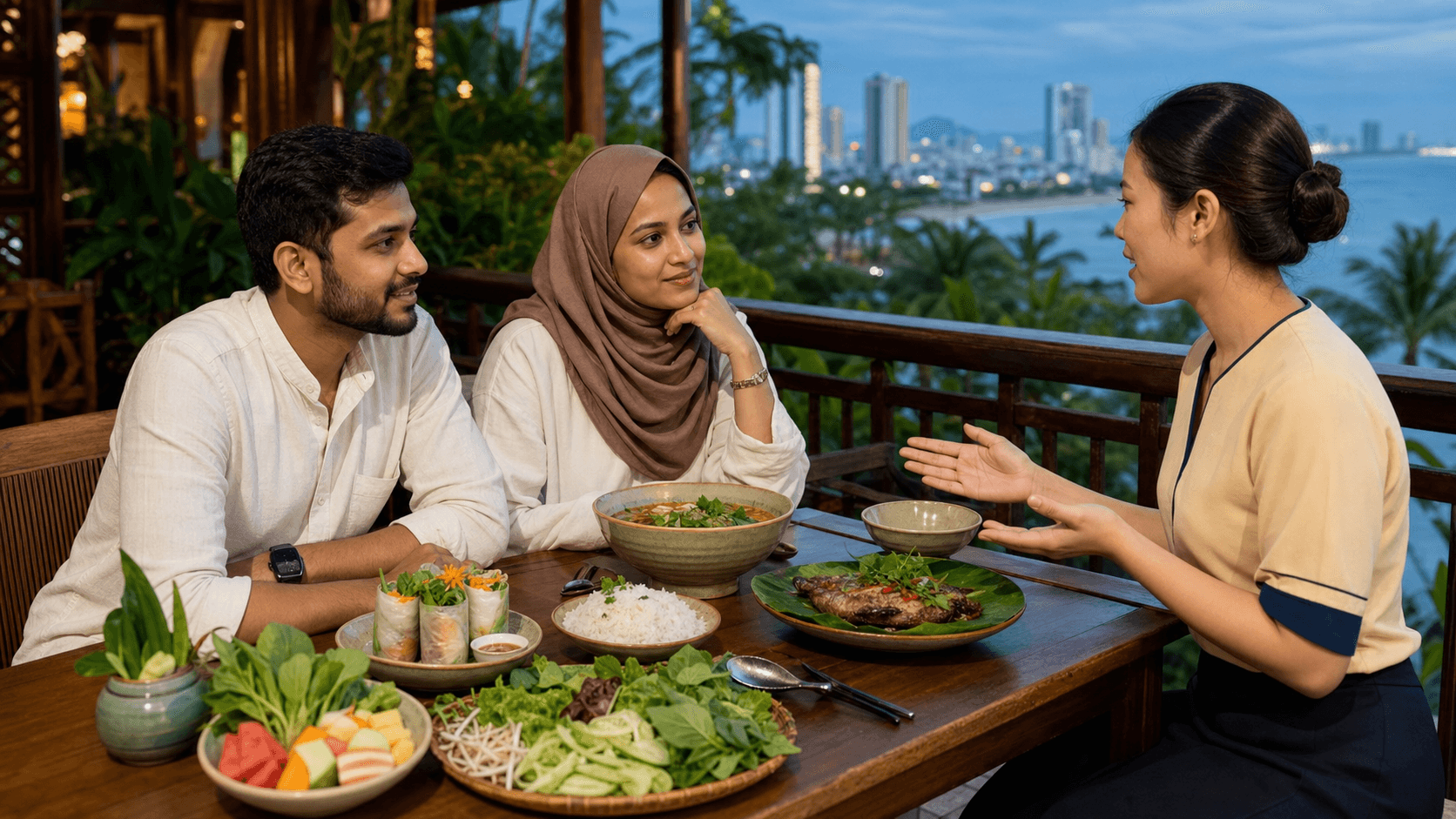 Indian Muslim couple discussing a halal-friendly Vietnamese meal with a restaurant host in Da Nang