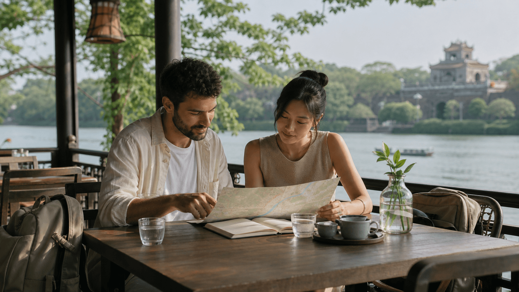 International travelers calmly reviewing a Vietnam itinerary beside the Perfume River in Hue