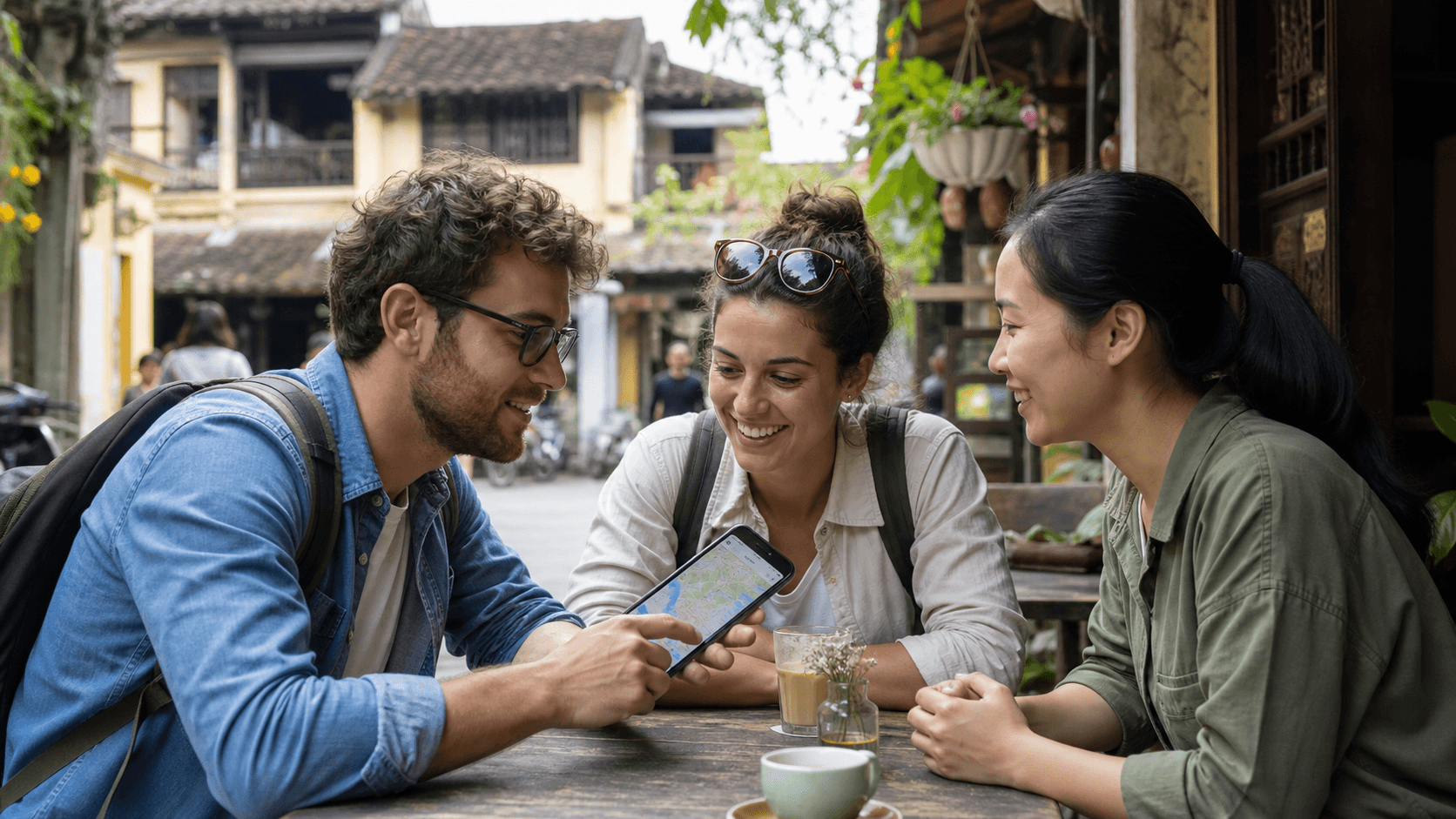International travelers communicating with a Vietnamese cafe host using a map on a phone