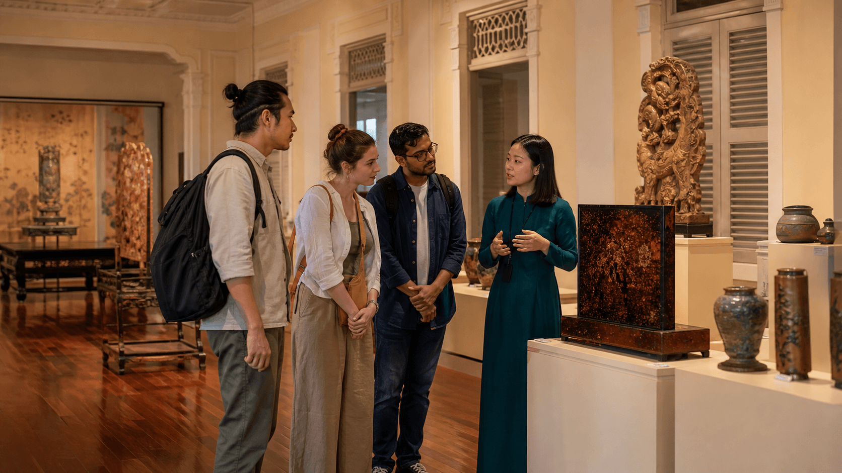 International travelers listening to a Vietnamese museum educator in a Hanoi fine arts gallery