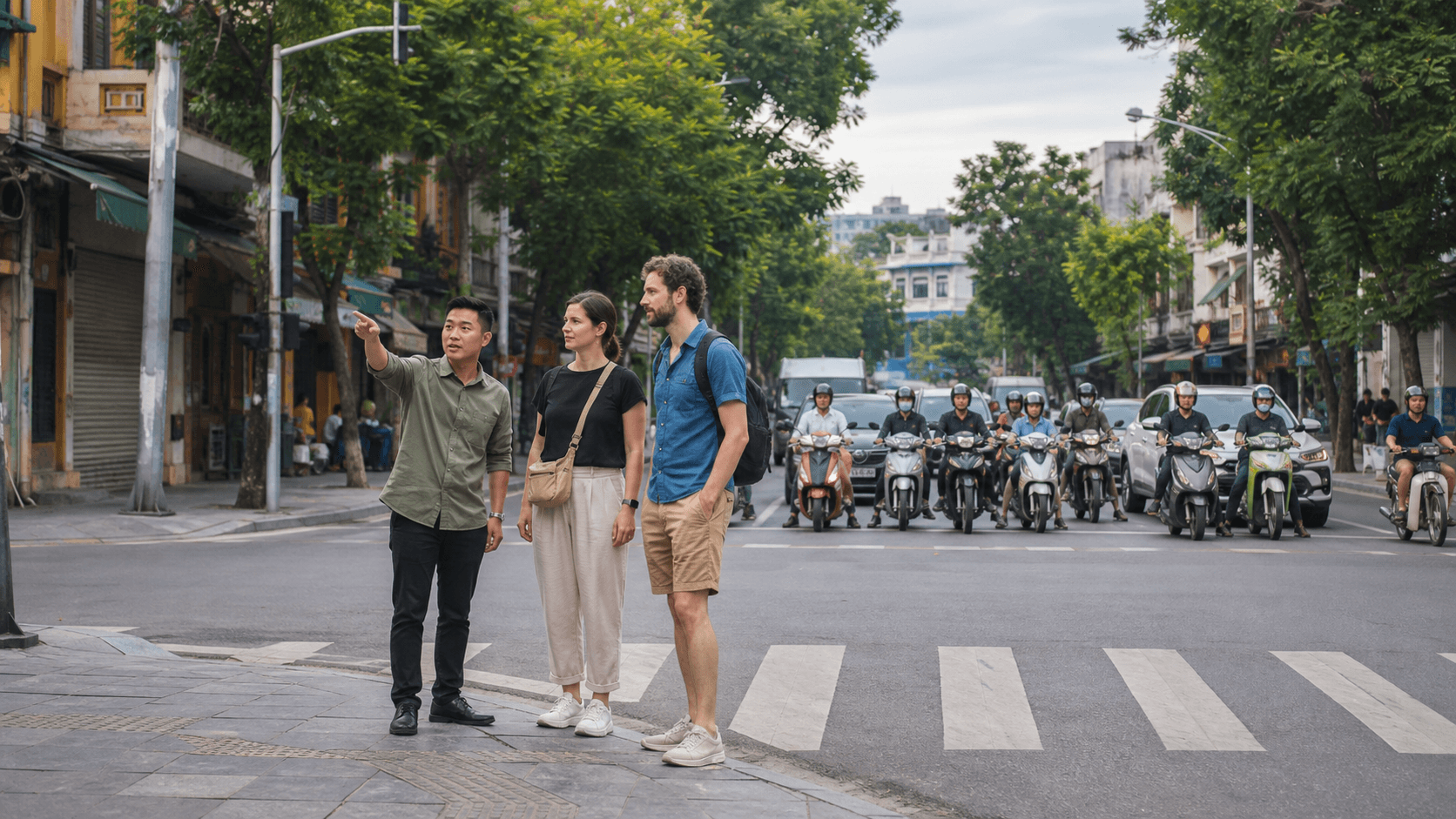 International travelers waiting with a Vietnamese guide at a marked Hanoi street crossing