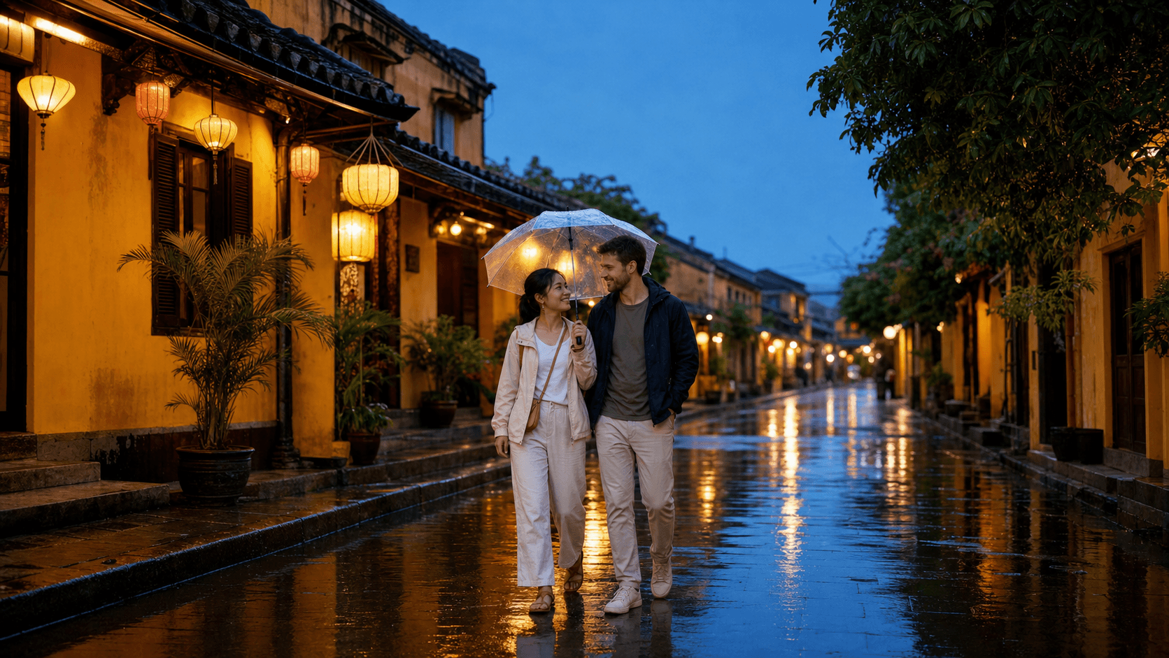 International travelers walking under an umbrella on a rain-wet lantern street in Hoi An