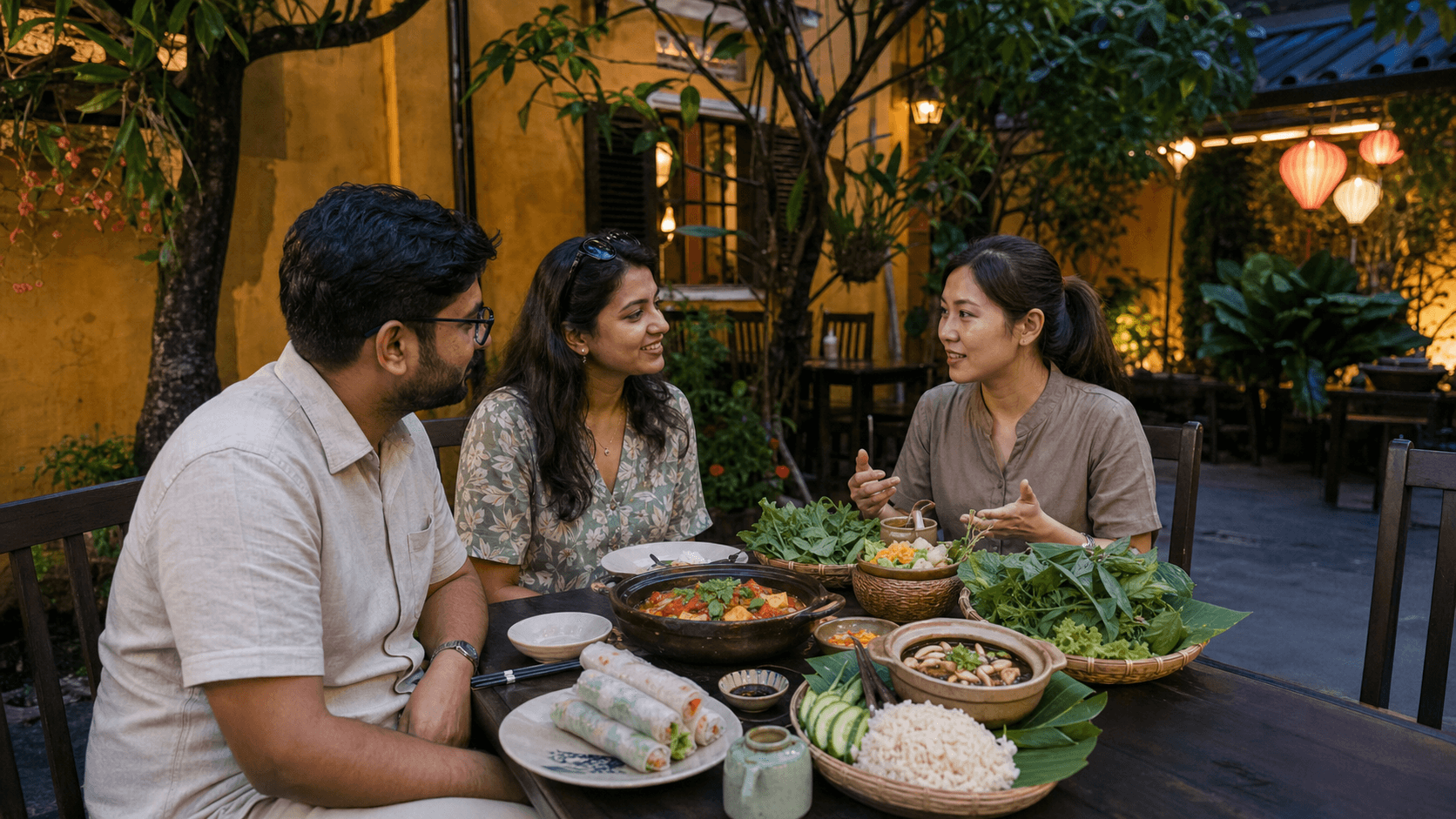 Indian couple discussing a vegetarian Vietnamese meal with a restaurant host in Hoi An