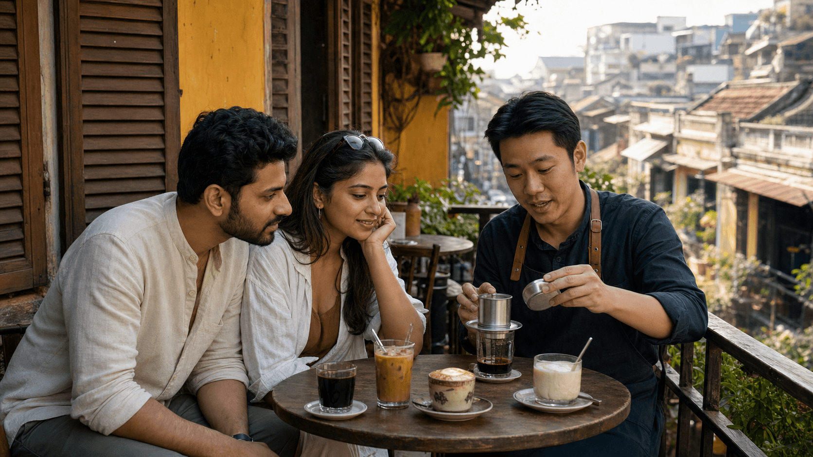 Indian couple learning how to use a Vietnamese phin coffee filter at a Hanoi café